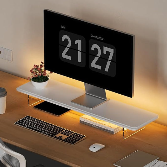 Monitor Stand Riser,31.5-Inch LED Light Wood Computer Monitor Stand with Adjustable Acrylic Legs,Desk Accessories Desktop Organizer Stand for Computer,Laptop,Printer,PC TV Screen Riser,White