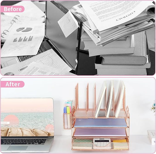 Desk Organizer with 5 Vertical File Holders, 3-Tier Paper Organizer and Drawer, Desk Accessories in Rose Gold