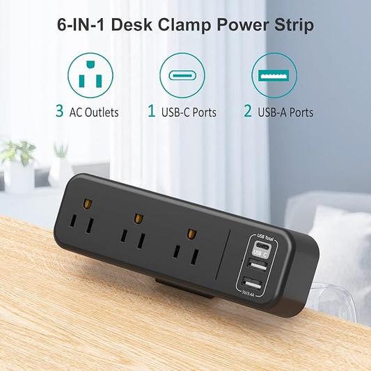 Desk Clamp Power Strip with USB C, 3 Outlet Desktop Mount Power Station Removable Clamp Socket with 6.5 ft Extension Cord, Fit 1.7 inch Tabletop Edge
