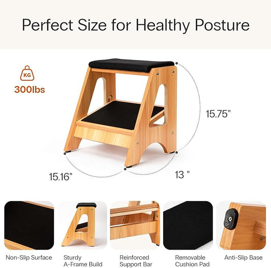 StrongTek Double Step Footrest, Adjustable Wooden Foot Stool with 4 Height Levels, Cushioned Top & Non-Slip Base, Ergonomic Under Desk Leg Rest for Office Home