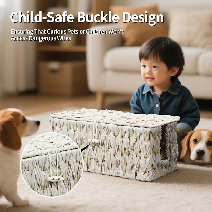 Cable Management Box,Boho Decorative Handwoven 2 Open Slots Cord Organizer Hider Box with Lid for TV Wires, Computer, Router, USB Hub and Under Desk Power Strip