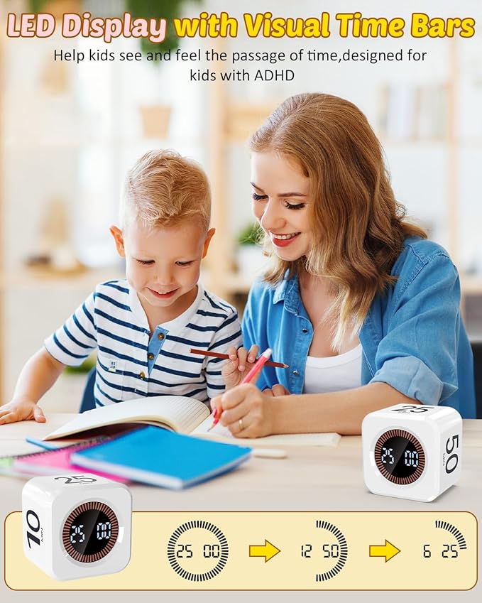 Pomodoro Timer Cube Visual Productivity Flip Timer for Kids Classroom Desk, 5/10/25/50min& Custom Countdown, Silent&Sound Mode Digital Cube for ADHD Study Work School Game Kitchen (White)