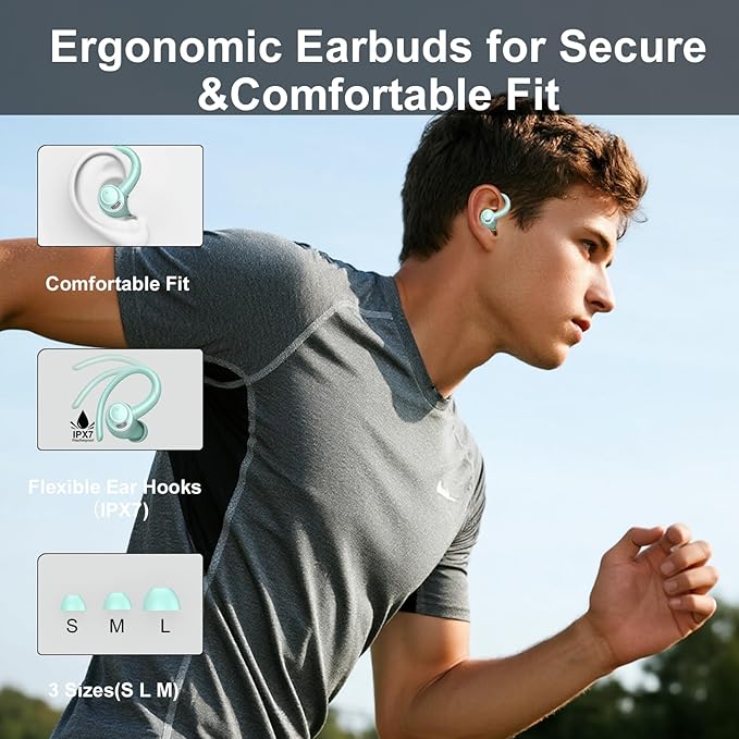 Wireless Earbuds Bluetooth 5.3 Headphones Sports, 48Hrs Playtime Bluetooth Earbuds with CVC 8.0 Mic, Stereo Bass Over Ear Bud with Earhooks, LED Display, IP7 Waterproof Earphon for Running Misty Blue