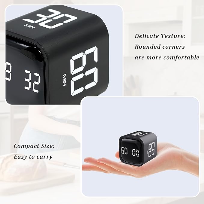 Rotating Pomodoro Timer 5,10,30, 60 Minutes Preset,Desk Productivity Flip Timer, Visual Cube Countdown Stopwatch,Custom Modes/Vibration/High/Low Volume,ADHD Timers, for Study, Work, School, Kitchen