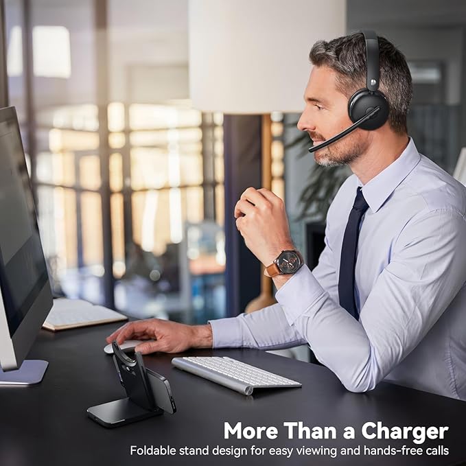 Wireless Headset with Mic for Work, Wireless Headset with Microphone (Noise Cancelling), Smart Mult-Func Dock, 65H Worktime&Fast Charge Bluetooth Headphones for Work/PC/Computer/Call Center/Teams/Zoom