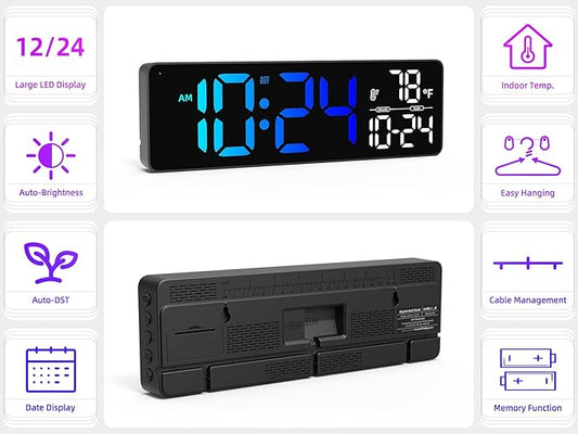 Large LED Digital Wall Clock with Date, Temperature, Auto-Brightness, Auto-DST | Big Digital Clock for Bedroom, Desk, Classroom, Living Room, Kitchen, Office, Gym, Farmhouse, Xmas Gift for Seniors