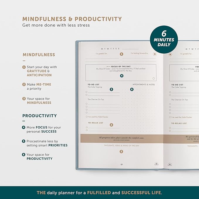6-Minute Diary Success Daily Journal - The #1 Manifestation Journal for More Motivation & Success - Undated Organizer Planer 2024/2025 - More Focus & Mindfulness w/Guided Self-Help Journal
