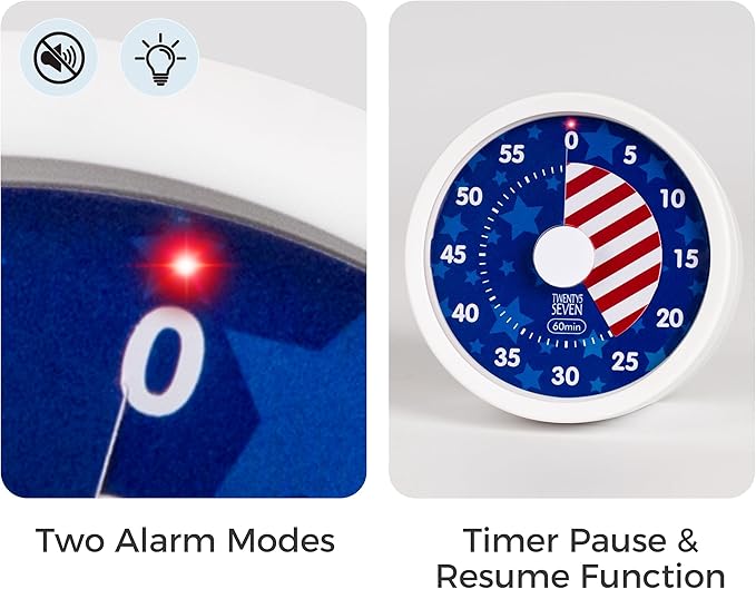TWENTY5 SEVEN Countdown Timer 3 inch, Silent 60 Minute 1 Hour Visual Timer with Pause Function, Magnetic Classroom Teaching Tool Office Meeting, Countdown Clock for Kids Time Management, Blue Stars