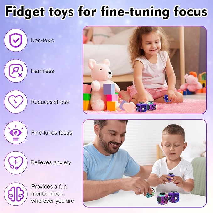 Lollyx Fidget Toy Cube, 6 Sided Stress Relief & Focus Toy for Adults & Kids, 2 Pack Cube Fidget Toys Hand-Held for Adults, Audible/Silent Cube Toys Fidget for ADD/ADHD/OCD