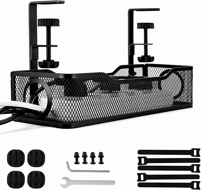 No Drill Under Desk Cable Management Tray – Clamp-On Metal Cable Organizer for Power Cords – Easy Install Wire Holder for Home Office Desk (Black)