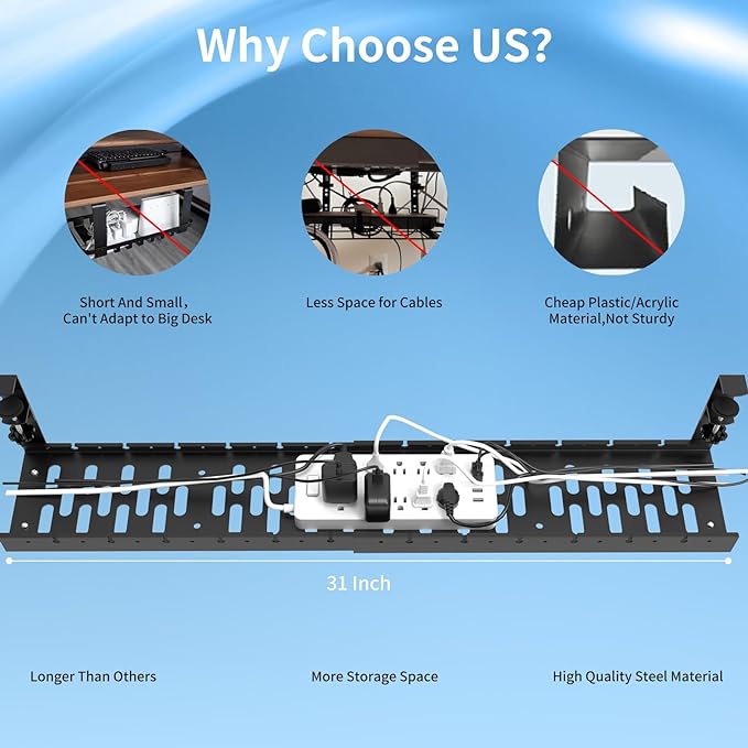 WIGAKDRU 31Inch Extendable Under Desk Cable Management Tray, Black Metal Cable Management Tray Under Desk Cord Management with Clamp, 31 Inch x 4.33 Inch