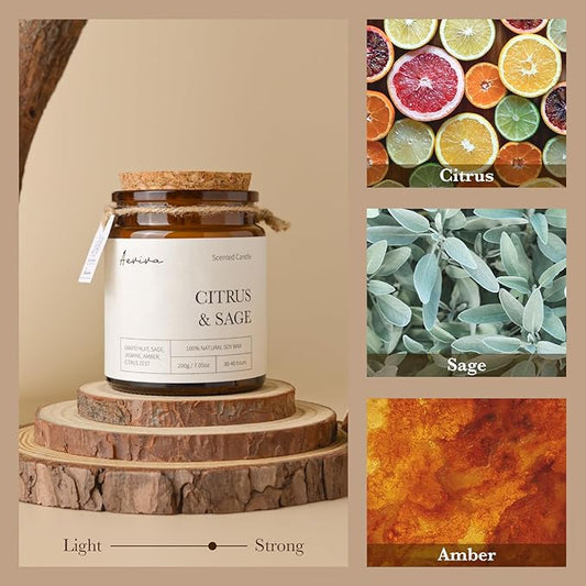 Scented Candle, 7.05 oz Citrus & Sage Aromatherapy Candle, Natural Soy Wax with Wooden Wick, Candles for Home Scented, Stress Relief Amber Jar Candle Gifts