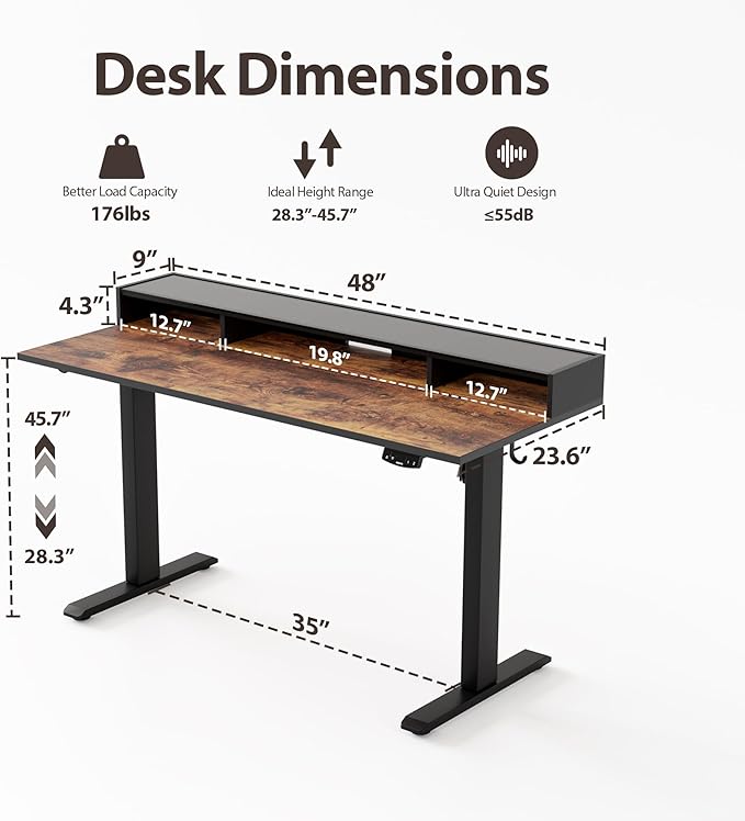 Agilestic Glass Standing Desk with Storage, 48 Inch Electric Adjustable Desk with Glass Shelf, Sit Stand Up Home Office Computer Table, Splice Board, Rustic Brown