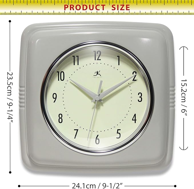 Infinity Instruments Square Retro Wall Clock, Stone Grey, 9.25"