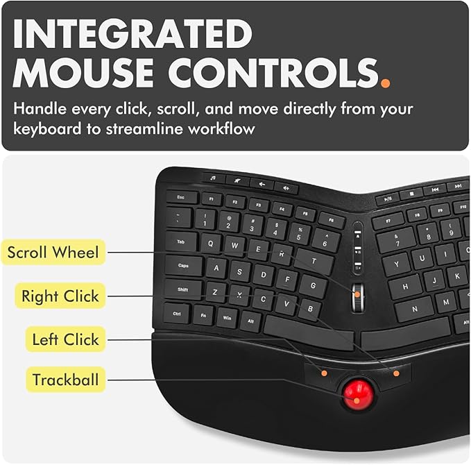 X9 Performance Ergonomic Wireless Keyboard with Trackball - Rechargeable, Backlit, Built in Mouse Buttons - 2.4G Split Keyboard Wireless for Windows PC and Chrome - All in One Typing Solution