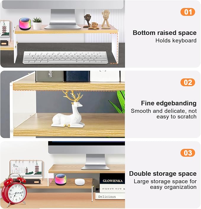 YGYQZ Wood Adjustable Monitor Riser for Desk, 2 Tier Dual Monitor Stand with Acrylic Legs Office Desk Shelf Organizer for Laptop, PC, Printer, Computer (wood-flat)