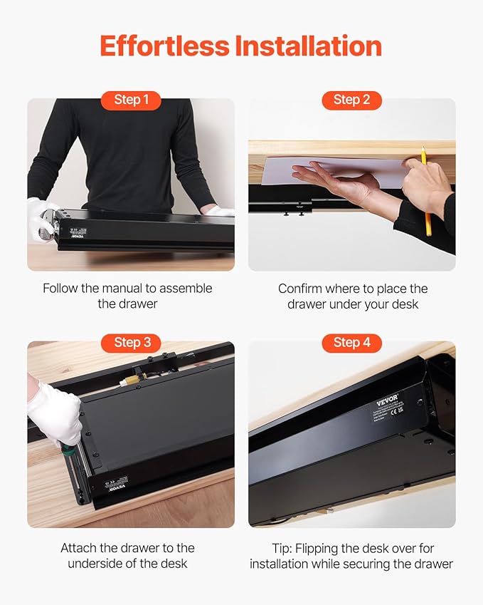 VEVOR Under Desk Drawer Slide Out, 33inch Under Desk Mounted Pull-out Drawer Attachment, Hidden Under Counter Drawers for office Home Sit Stand Workstation, Black