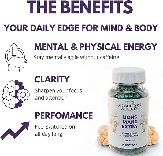 Lion’s Mane Extra Supplement - 1000 mg Lion’s Mane + 1000 mg Creatine – Mental & Physical Energy, Clarity & Performance - 60 Vegan Capsules