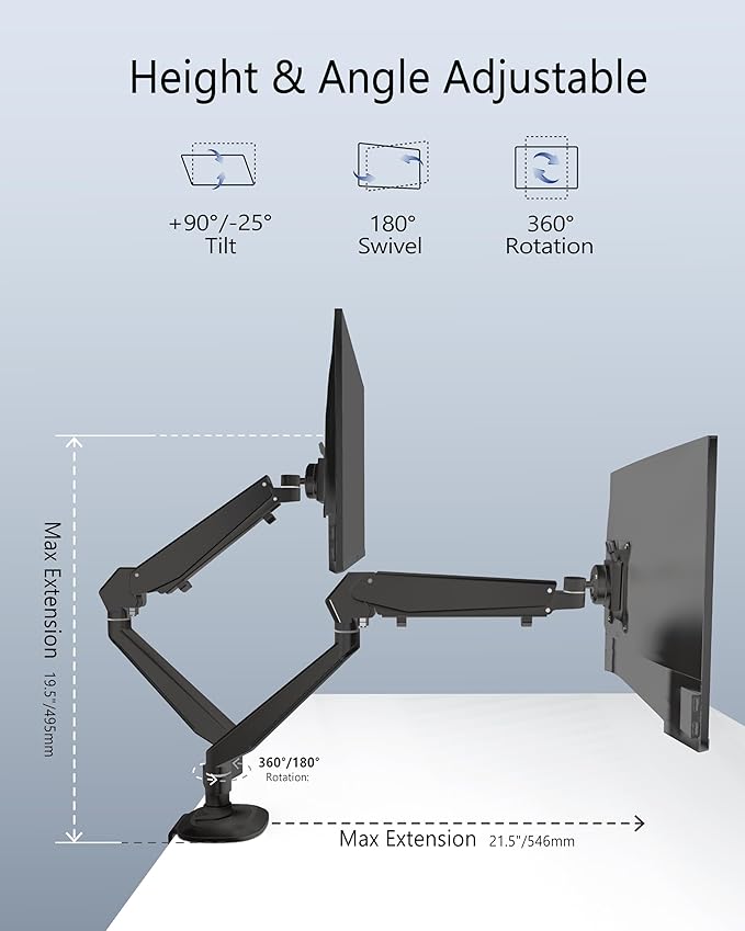 Dual Monitor Mount for 2 Screens up to 32 Inch and 19.8 lbs, Fully Adjustable Gas Spring Monitor Arm Desk Mount, Vesa Monitor Mount with C Clamp, Grommet Base, Aluminum, Black