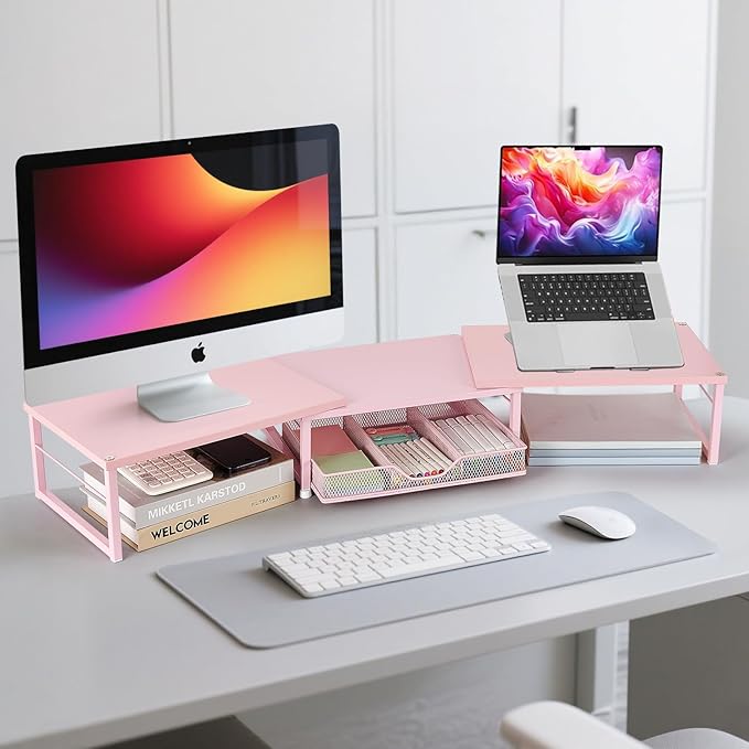 Dual Monitor Stand Riser, Desk Organizer with Drawer, Office Desk Organizers and Accessories, Office Workspace Organization Computer Monitor Stand for Laptop, Printer, TV(Pink)