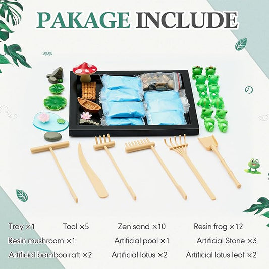 Soulchen Zen Garden Kit for Desk Decor Zen Sand Garden Box Set with Black Wooden Tray, Blue Sand, Tools & Accessories Japanese Gifts for Desktop Meditation Room Office Home(Frog)