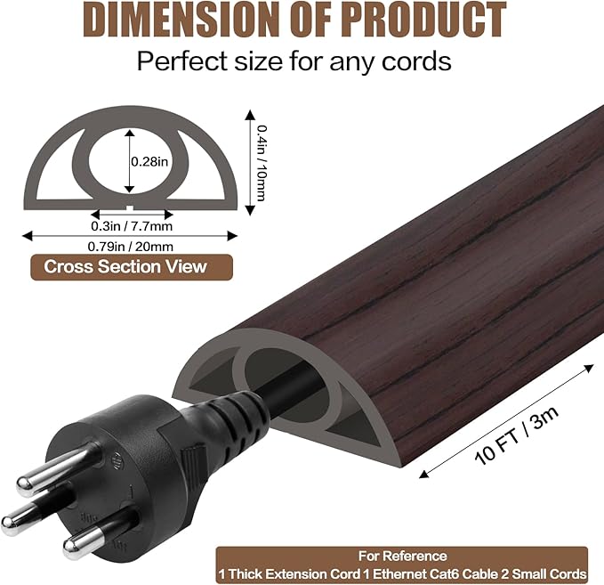 Floor Cord Cover Self Adhesive Cord Hider,10FT Cable Management, Extension Strip Protector for Wires, Prevent Cable Trips for Offices, Gyms, Exhibitions Cavity:0.3"(W) x 0.28"(H) Black Wood