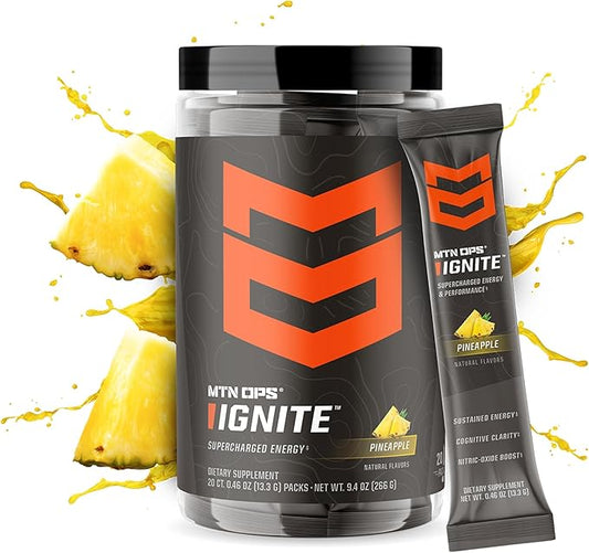 MTN OPS Ignite Trail Packs Energy Drink Powder, Gluten Free Nootropic Supplement Drink Mix, L Arginine, L Citrulline, Caffeine & Nootropic Sugar Free Drink Mix, 20 Servings, Pineapple Crush