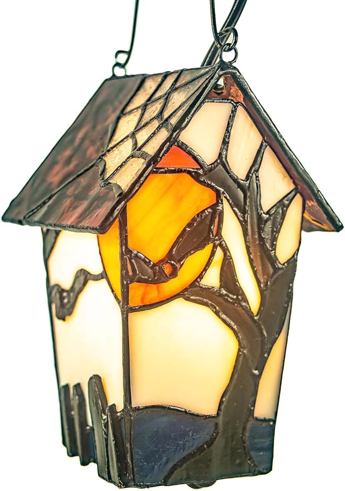 Bieye L10938 Spooky Graveyard Tiffany Style Stained Glass Birdhouse Table Lamp for Halloween Decor (21-inch High, Bat Nest)