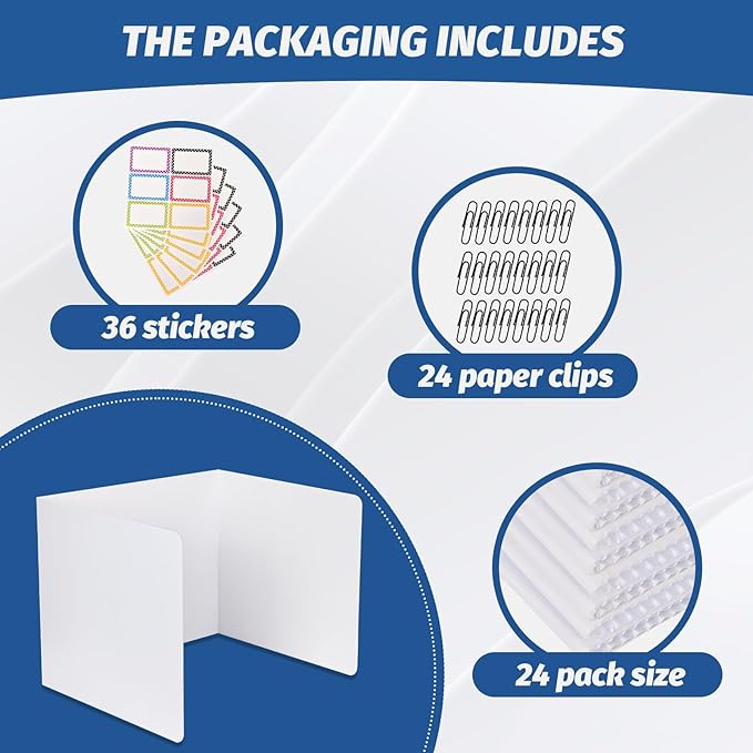 24 Pack Desk Dividers for Students,3-Fold Privacy Screens,Testing Dividers for Classroom Waterproof,Plastic Easy Clean Privacy Shields for Student Includes Extra Labels