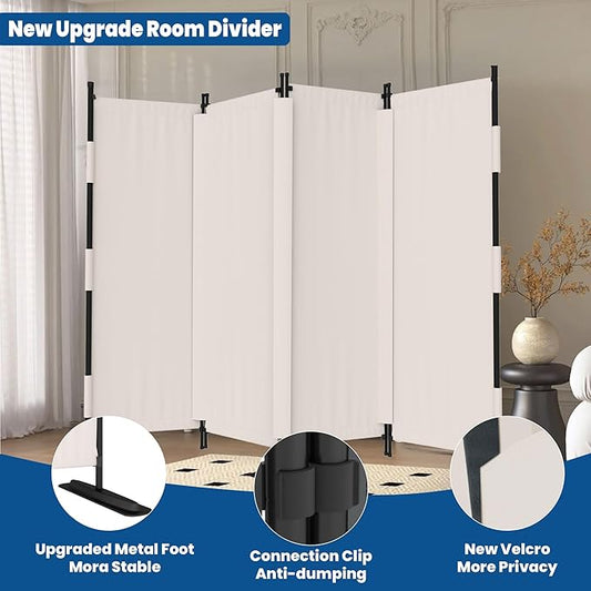 Room Divider, 4 Panel Upgraded Folding Privacy Screen, 88” Highly Secretive Separation with 3 Metal Feet, Partition Screen, Lightweight Freestanding Wall Divider Bedroom (White)