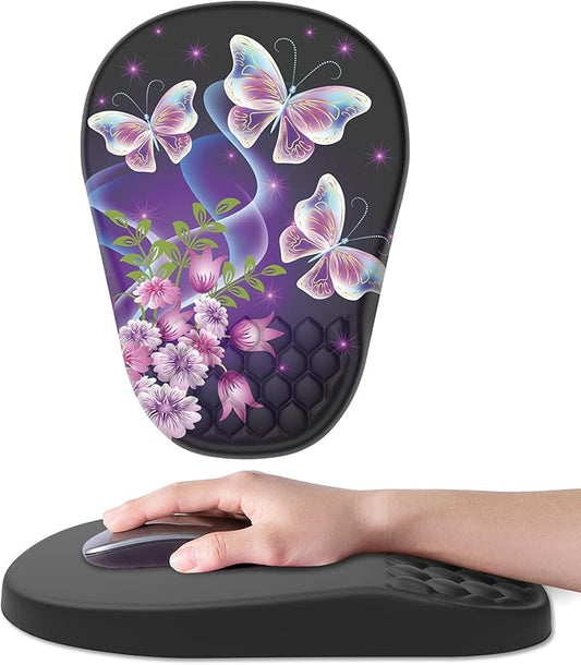 Ergonomic Mouse Pad Wrist Support, with Memory Foam & Non-Slip PU Base, Comfortable Massage Design Mouse Pad Relieve Wrist Fatigue&Pain, Suitable for Computer, Office and Home(06Pretty Butterfly)