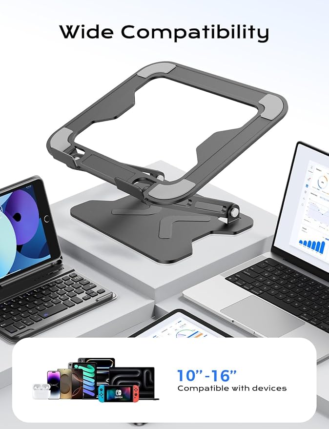 Adjustable Laptop Stand for Desk, Metal Foldable Laptop Riser, Portable Laptop Holder Mount, Ventilated Cooling Notebook Stand for MacBook Air Pro, All 10-16'' Notebooks Laptops Black