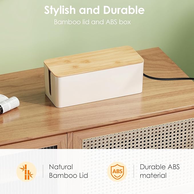 DELAMU 2 Pack Cable Management Box, Safe ABS Wood Grain Desk Medium and Small Cord Organizer, Baby Pet Proof Lock Cord Box Hider for USB Hub TV Wires Computer Desks and Power Strips