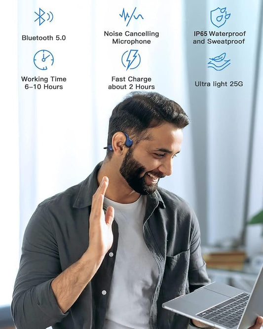 Bluetooth Headphones Waterproof Bone Conduction Headset Open Ear Earphones Blue Headset with mic, Bluetooth Headset with mic
