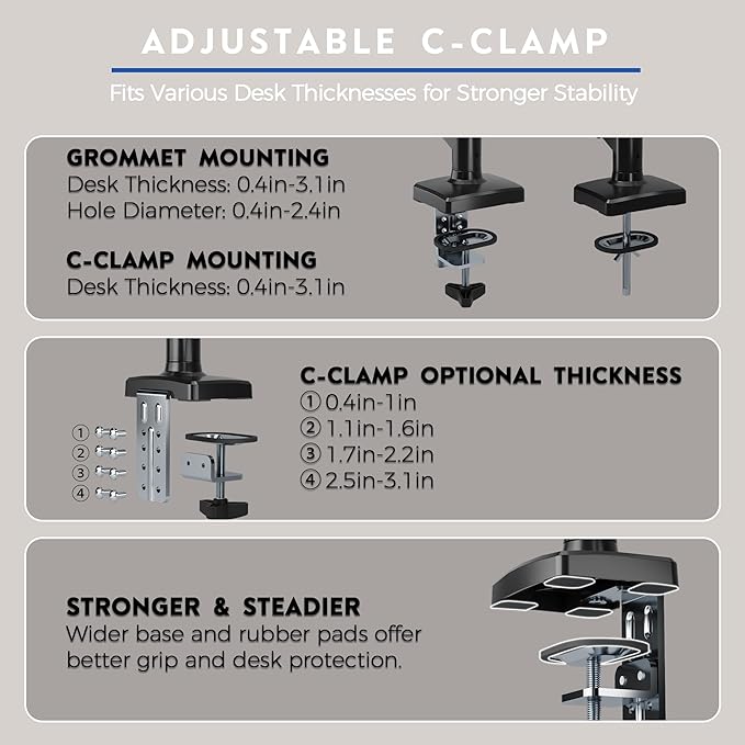 BONTEC Monitor Arm Desk Mount, Gas Spring Monitor Stand, Adjustable Full Motion VESA with C Clamp & Grommet Base, Supports 6.6-19.8lbs LCD/LED Tilt, Swivel, Rotation (Single Arm, 15-32 Inch)