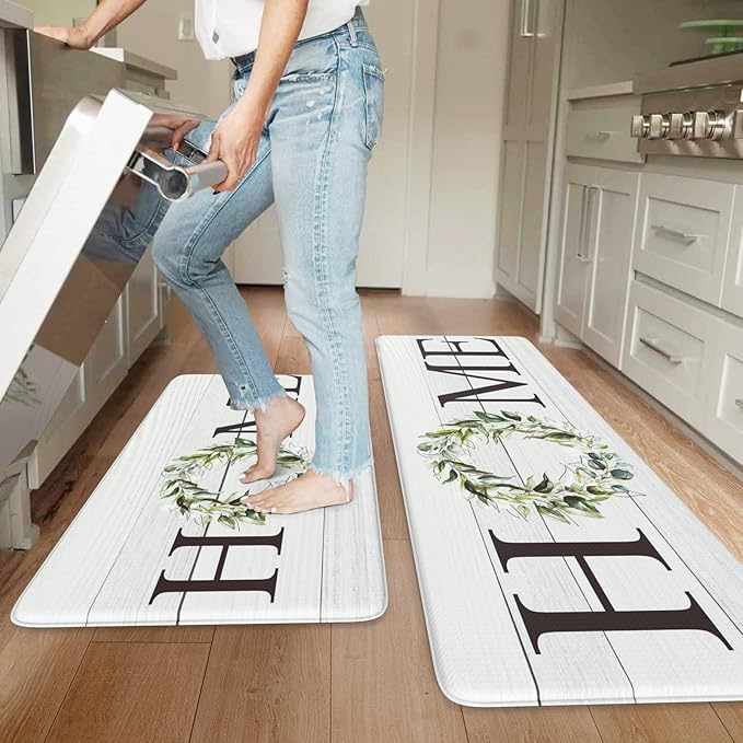 KIMODE Farmhouse Kitchen Mat 2PCS Anti Fatigue Kitchen Runner Rug Sets Non-Skid Waterproof Kitchen Floor Mat Cushioned Comfort Foam Standing Mat for Office,Laundry,Sink,Home