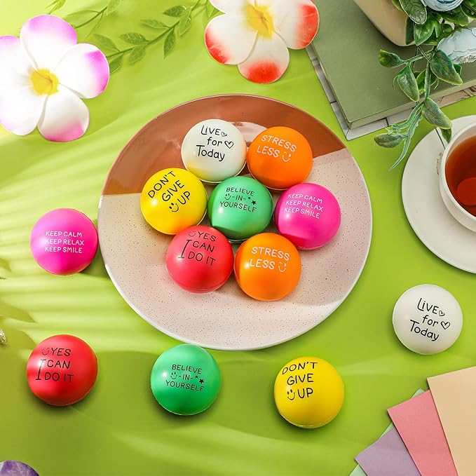 Wettarn 60 Pcs Motivational Stress Balls for Adults with Drawstring Bag 1.97" Inspirational Encouraging Anxiety Stress Relief Foam Ball with Quote Hand Exercise Squeeze Accessory(Bright Colors)