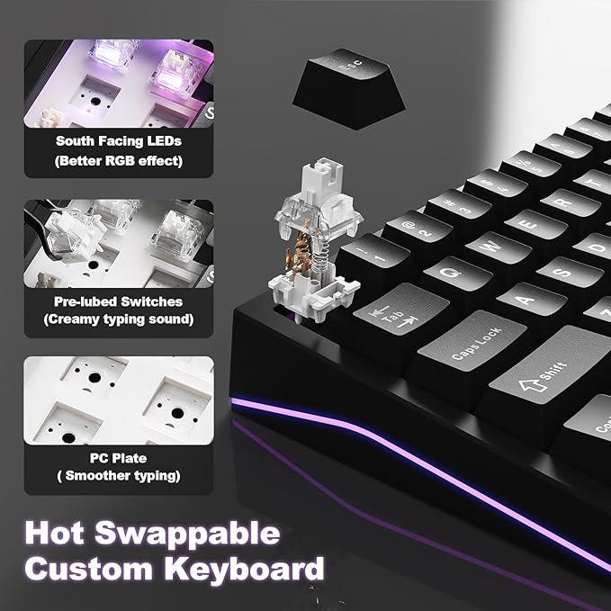 YUNZII AL65 Wireless Mechanical Keyboard, Full Aluminum CNC,Support QMK/VIA Software Gasket Structure,60% Hot Swappable with RGB Backlit BT/2.4G/USB-C for Mac/Windows(Black, Milk V2)