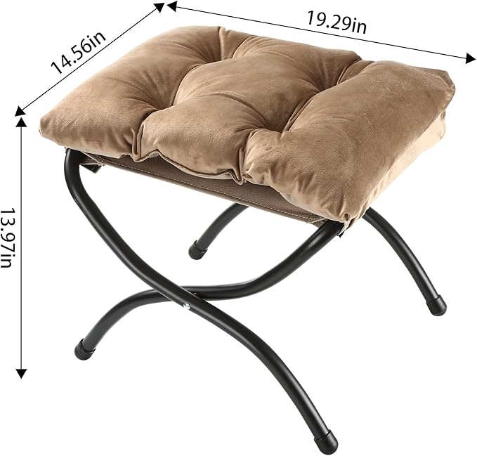 15" Foldable Foot Stool Ottoman with Metal Frame - Washable Khaki Upholstered Indoor/Outdoor Footrest for Living Room, Bedroom, Patio - Space-Saving Compact Design