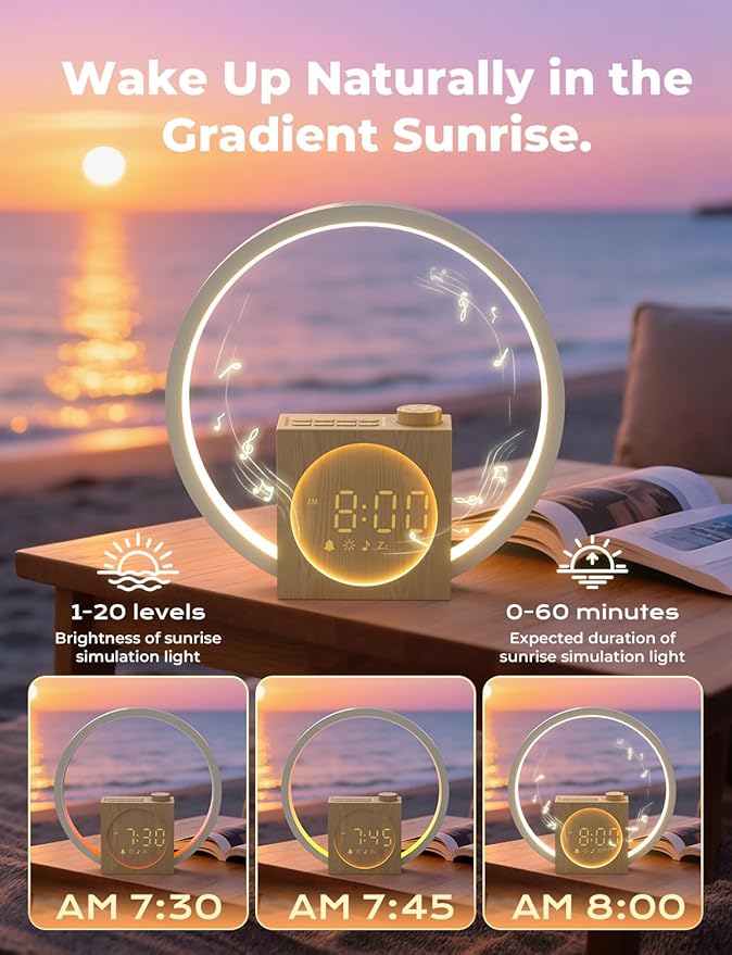 LIORQUE Sunrise Alarm Clock, Wake up Light with White Noise for Heavy Sleepers, Adjustable Sleep Timer, Volume&Brightness, Night Light with Dynamic Colors, 30 Sleep Sounds for Baby Kids Adults