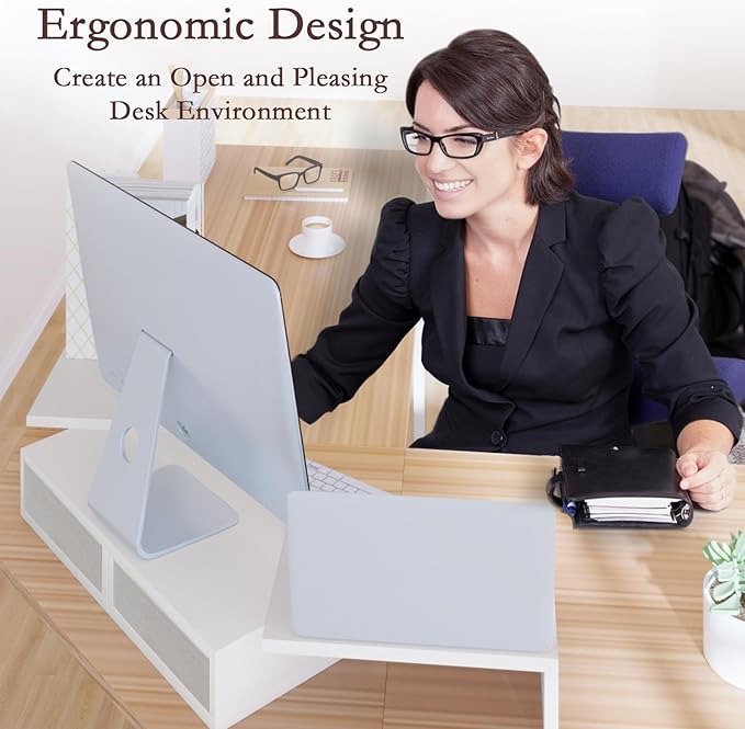 TEAMIX Dual Monitor Stand Riser - Length and Angle Adjustable White Monitor Stand with 2 Drawers to Storage Large Computer Riser for 2 Monitors/Laptop/PC, Wood Screen/TV Stand Desk Organizer (White)