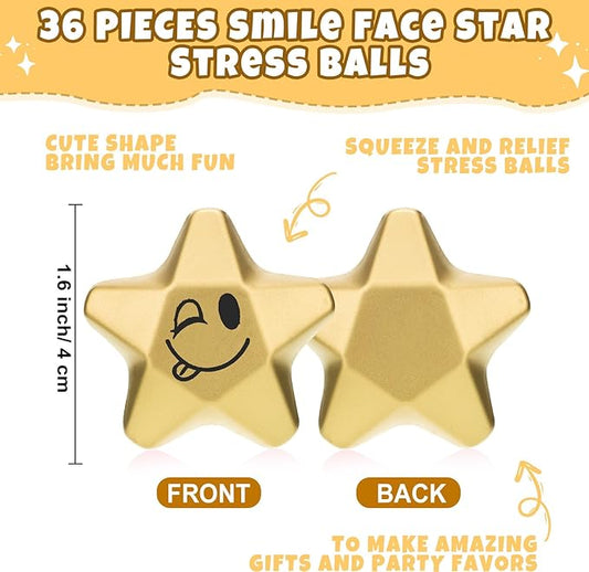 Deekin 36 Pieces Star Stress Balls Mini Foam Ball Stress Relief Toys for Teens and Adults Student Bag Fillers, Gold(Novelty,1.6 Inch)