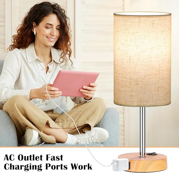 ZJOJO Table Lamp for Bedroom Set of 2, Bedside Small Lamps with 3 Way Dimmable Rocker Switch & AC Outlet, Nightstand Desk Lamp with Flaxen Fabric Shade Woodgrain Base for Living Room Home Decor Lights