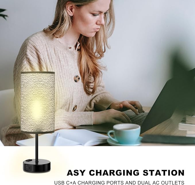 Table Lamp for Bedroom with Touch Control,Bedside Lamp with USB C+A Charging Ports& AC Outlets, Adjustable 3color LED Light for Home Decor/Nightstand/Bedroom/Office,Included Bulb and Fabric Lamp Shade