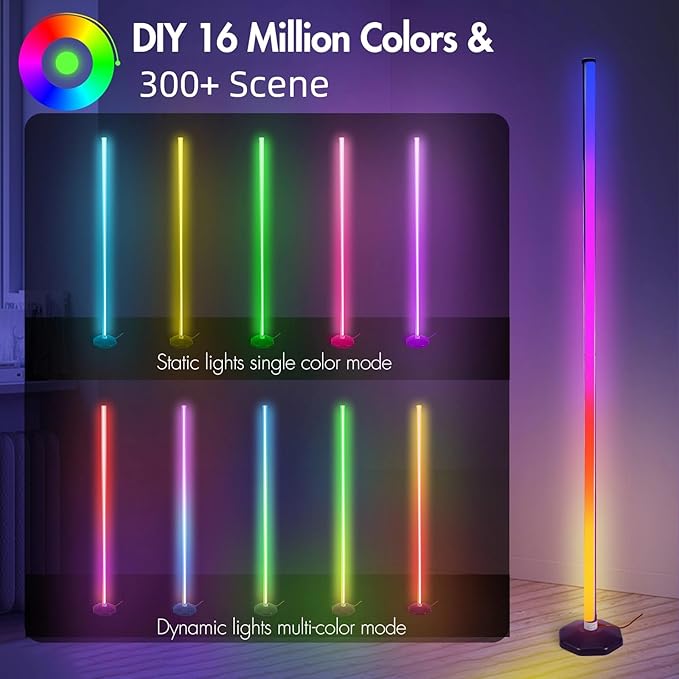 RGB Corner Floor Lamp - Smart RGB LED Corner Lamp with APP Remote 16 Million RGBW Color Changing Light 300+ Scene, Music Sync Lights & Timer Floor Lamps for Living Room Bedroom Game Room