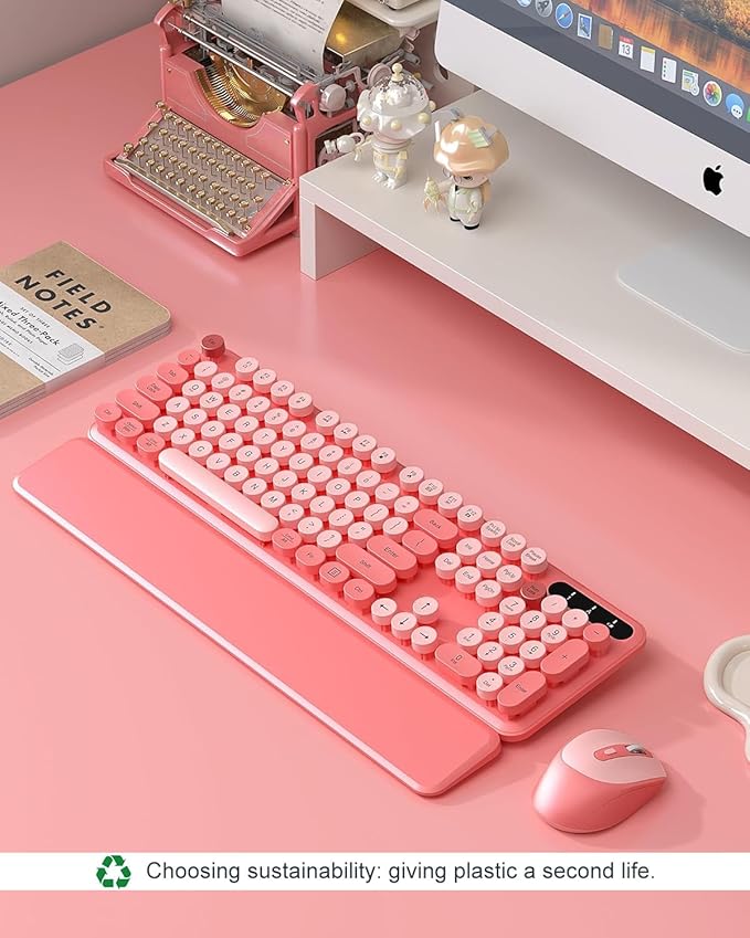 Wireless Keyboard and Mouse - Cute Round Keycaps, Detachable Wrist Rest, Full-Size Retro Typewriter Keyboard with Tilt Legs, 2.4G Wireless Combo for Women, PC, Laptop, Windows - Trueque (Blush Pink)