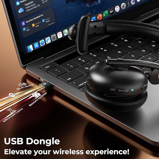 Wireless Headset with Mic for Work, Bluetooth 5.3 Headsets with AI Noise Cancelling, 65H Battery & Mute Function, Single-Ear Wireless Headset & USB Dongle, Fit for PC/Laptop/Teams/Skype/Call Center