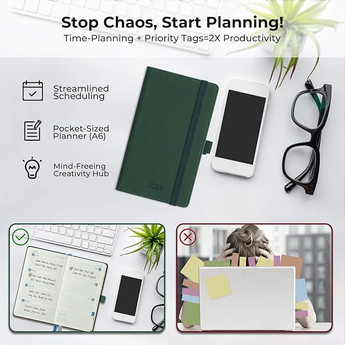 Weekly Monthly 2026 Planner (Jan.26-Dec.26),6.5"x3.75",12 Months Agenda Plan with Month Tabs & Pocket,Expenses/Note Pages, Appointment Book Calendar with Hardcover Vegan Leather Cover,Green