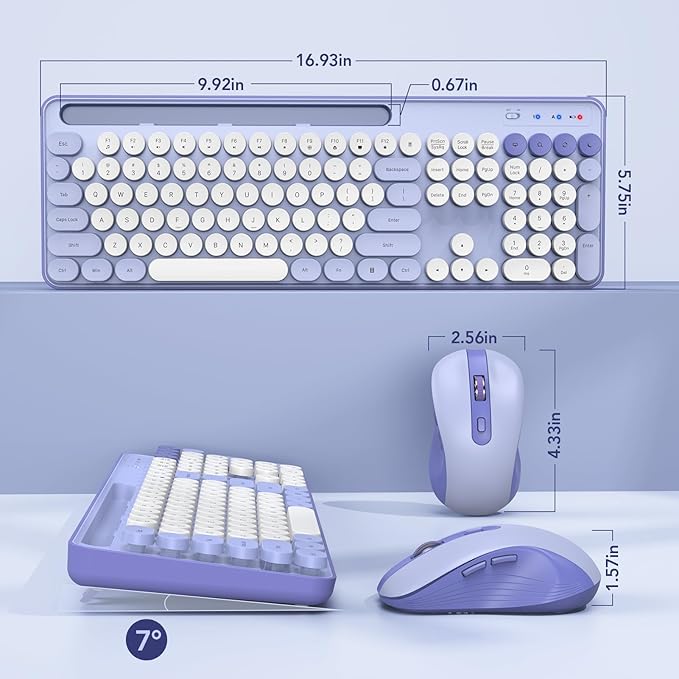 Wireless Keyboard and Mouse Combo, Retro Round Keycap Typewriter Keyboard with Phone/Tablet Holder, Cute Colorful Keyboard for Computer/Laptop/Windows by SABLUTE (Purple)