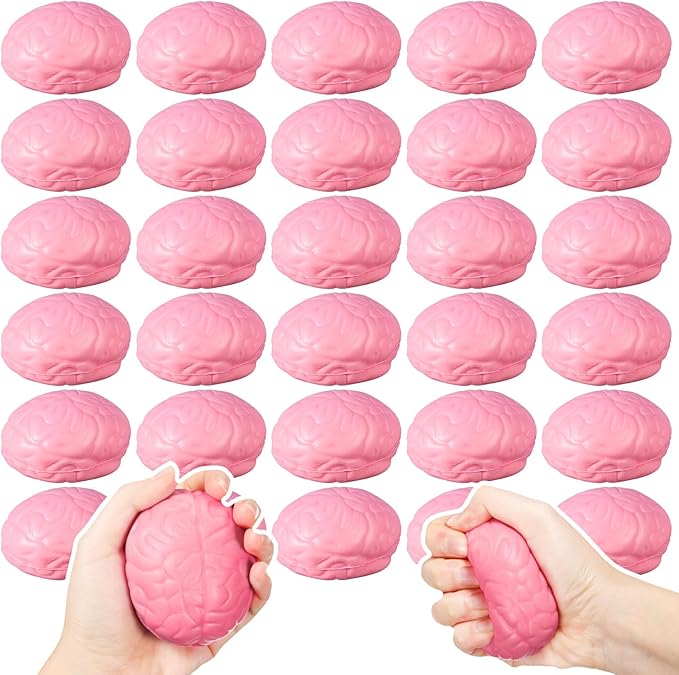Jenaai 30 Pcs Brain Stress Ball Halloween Squeeze Toy 2.76 Inch PU Hand Muscle Exercise Pressure Ball Funny Stress Relief Toy for Teens Adults Improving Grip Strength Release Pressure(Pink)